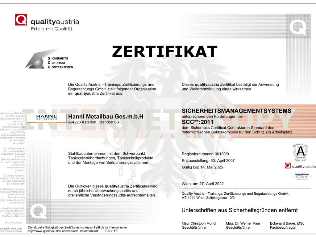 SCC Zertifikat - Hannl Metallbau
