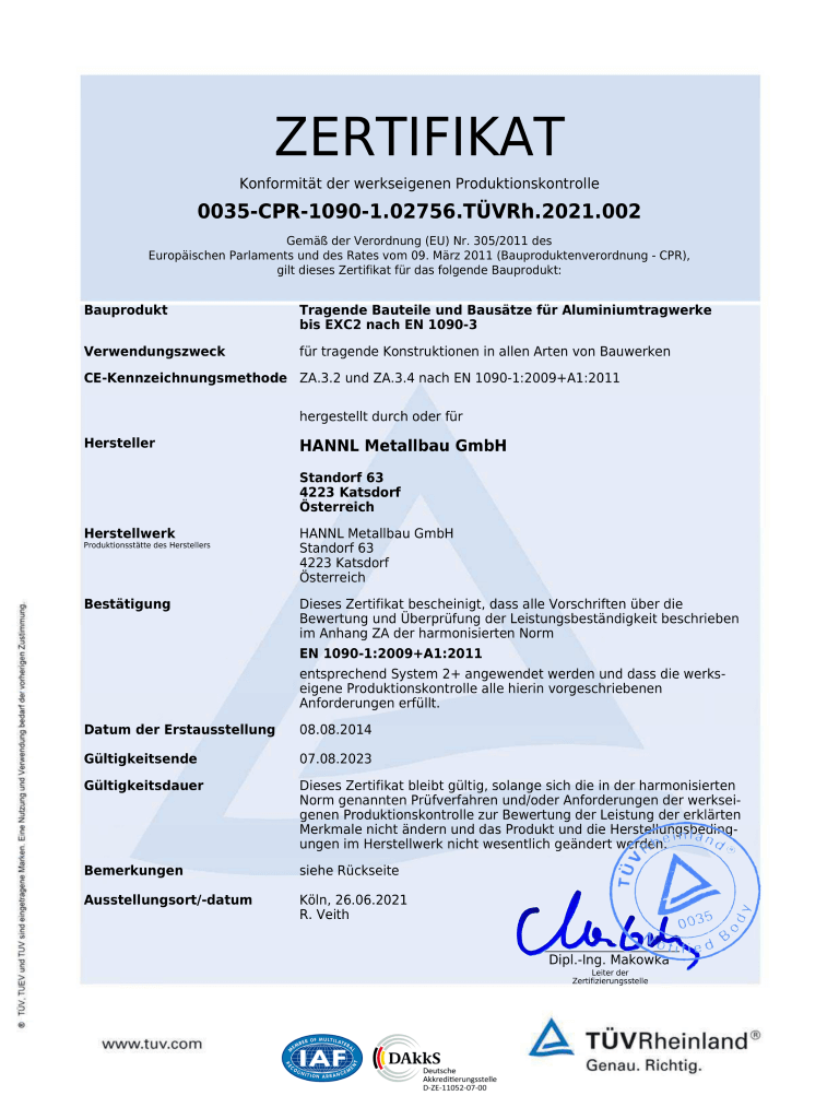 EN1090 Zertifikat Aluminium - Hannl Metallbau