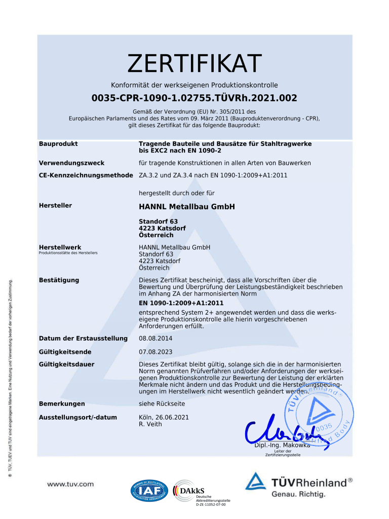 EN1090 Zertifikat Stahl - Hannl Metallbau 